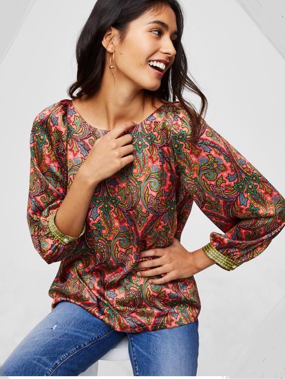 Loft Colorful Paisley Boat Neck Puff Shoulder Satiny Blouse